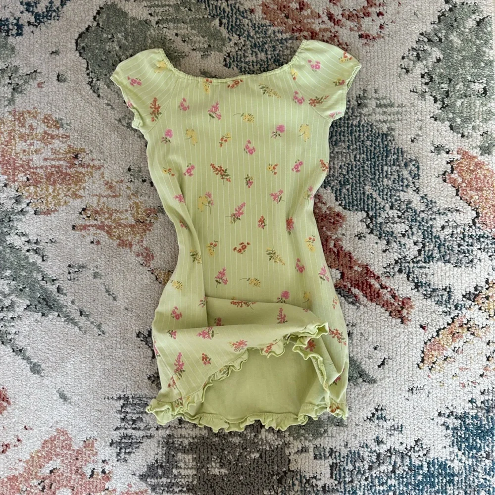 Vintage Gymboree Girl’s Peasant Front Floral Green Dress Pink Accents Size 6
